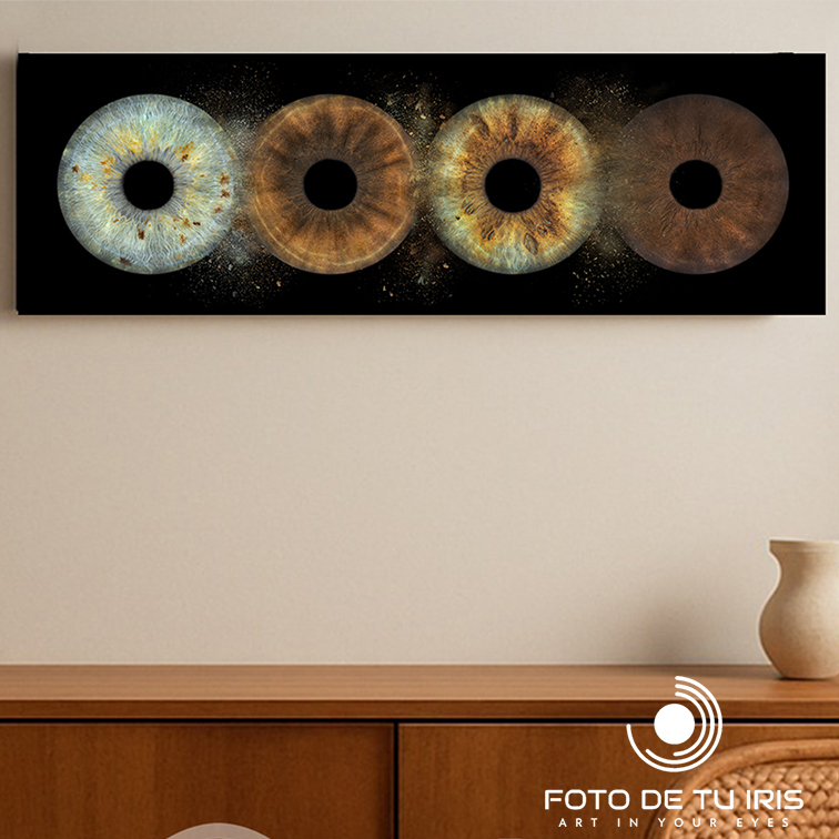 Cuadro decorativo con fotografía de 4 iris colgado en pared – arte del iris para el hogar